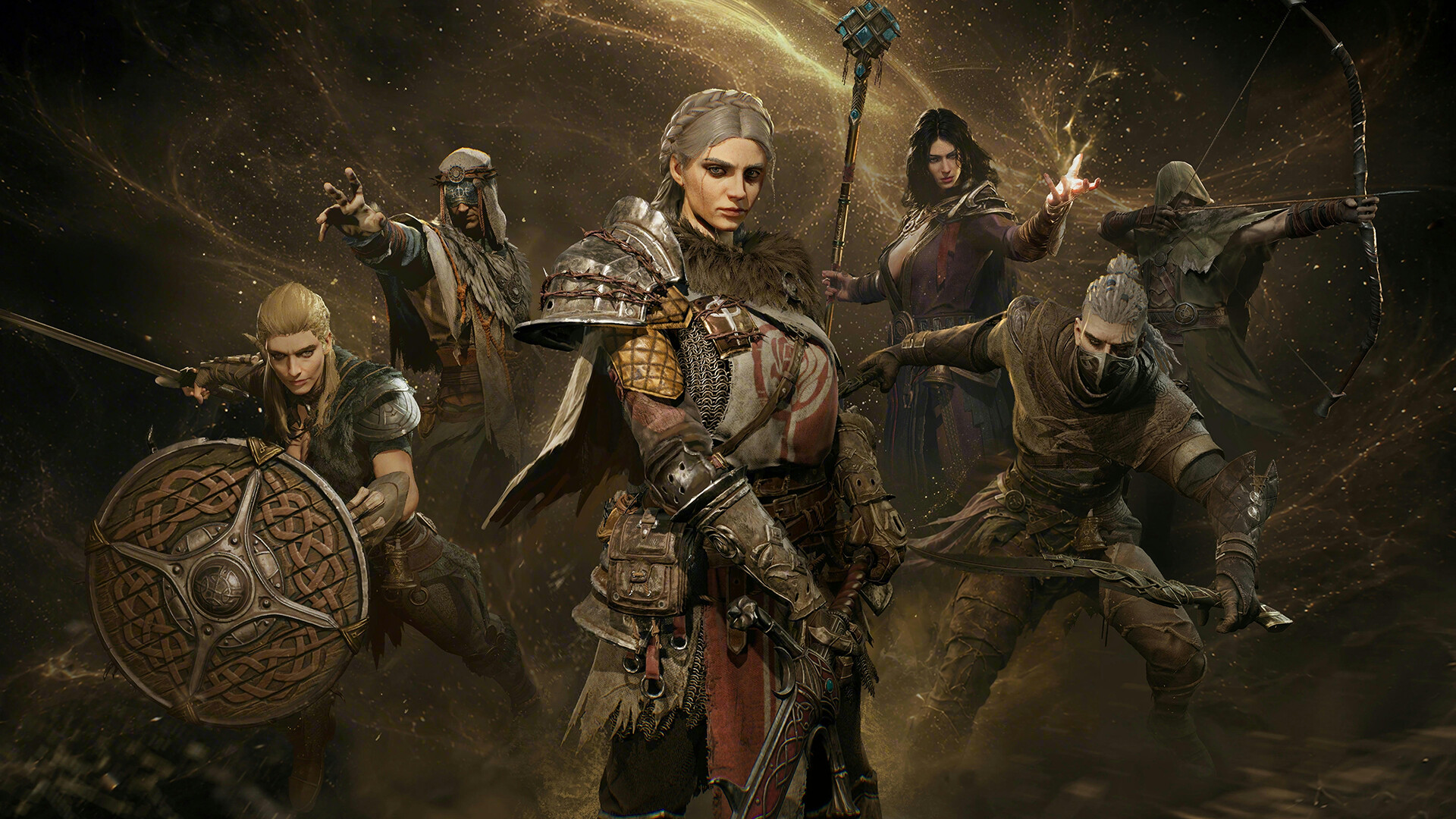 Six Mistfall Hunter classes gathered in the Gyldenmist